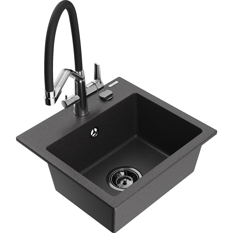 Mexen Milo fregadero de granito de 1 cubeta con grifo de cocina Duo, negro moteado - 6505-76-671701-07-B