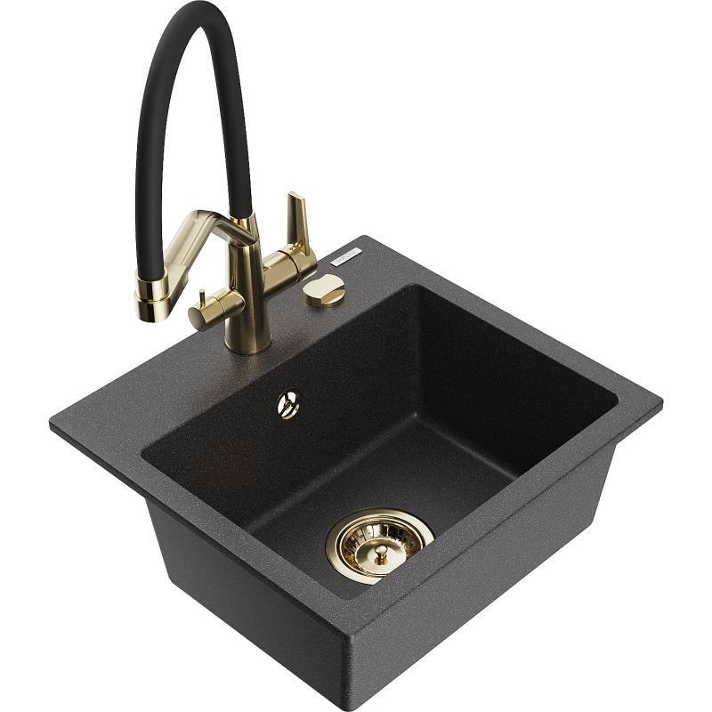 Mexen Milo fregadero de granito de 1 cubeta con grifo de cocina Duo, negro moteado - 6505-76-671701-57-G