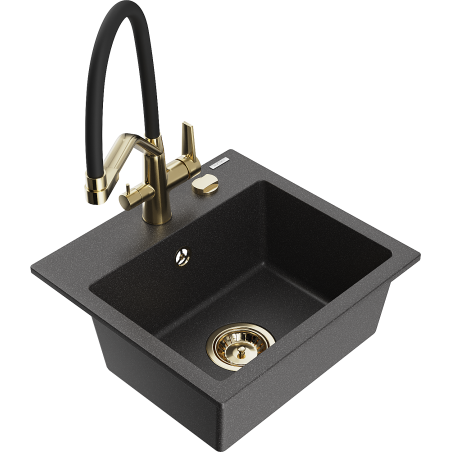 Mexen Milo granite sink 1-bowl with kitchen tap Duo, black speckled - 6505-76-671701-57-G
