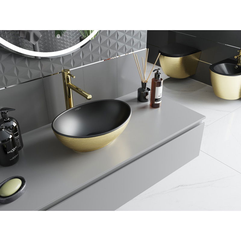Mexen Elza lavabo sobre encimera 40 x 33 cm, negro mate/oro diseño líneas - 21014027