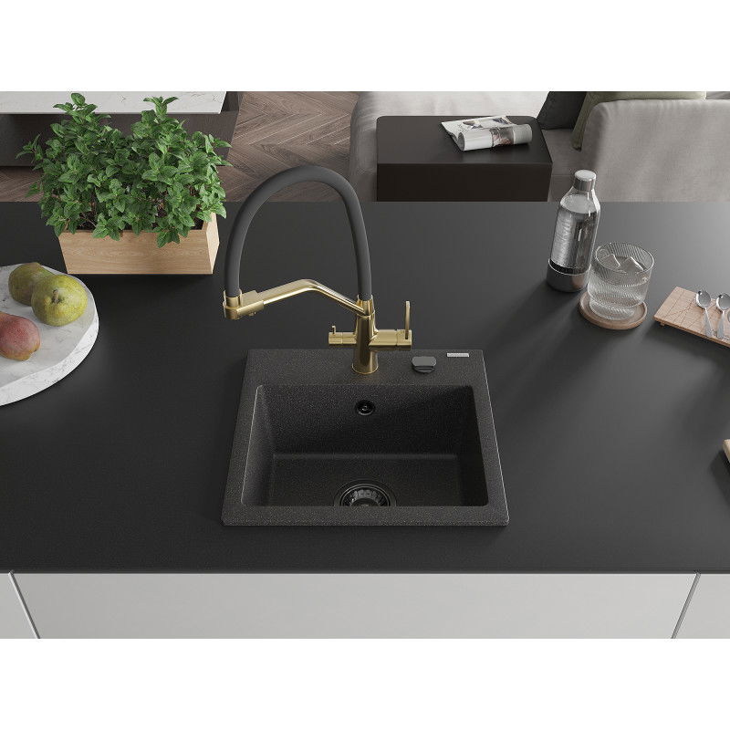 Mexen Milo 1-bowl granite kitchen sink with Duo tap, speckled black - 6505-76-671701-57-B
