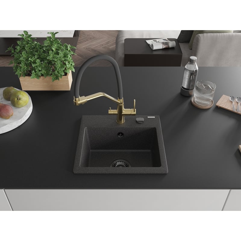 Mexen Milo granite kitchen sink single-bowl with Duo faucet, speckled black - 6505-76-671701-57-B