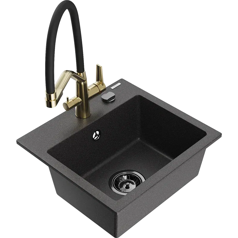 Mexen Milo 1-bowl granite kitchen sink with Duo tap, speckled black - 6505-76-671701-57-B
