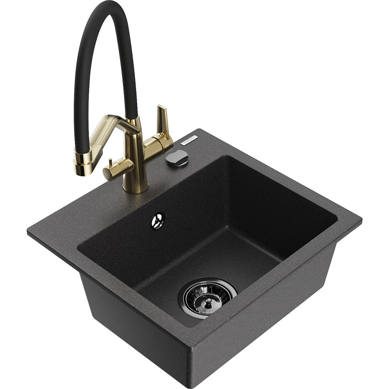 Mexen Milo fregadero de granito de 1 cubeta con grifo de cocina Duo, negro moteado - 6505-76-671701-57-B