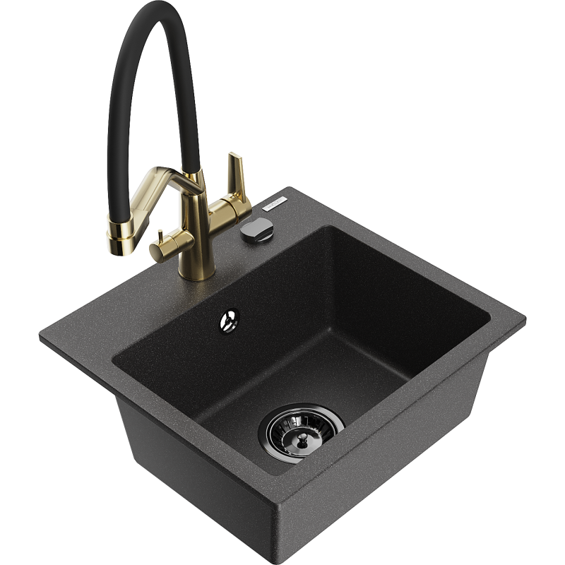 Mexen Milo fregadero de granito de 1 seno con grifo de cocina Duo, negro moteado - 6505-76-671701-57-B