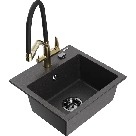 Mexen Milo 1-bowl granite kitchen sink with Duo tap, speckled black - 6505-76-671701-57-B