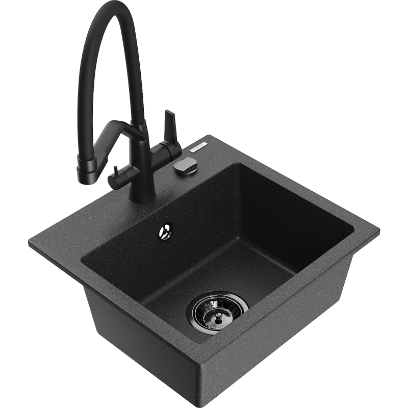 Mexen Milo fregadero de cocina de granito de 1 cubeta con grifo Duo, negro jaspeado - 6505-76-671701-70-B
