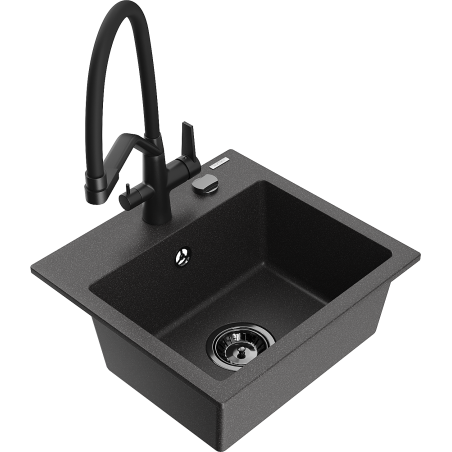 Mexen Milo fregadero de cocina de granito de 1 cubeta con grifo Duo, negro jaspeado - 6505-76-671701-70-B