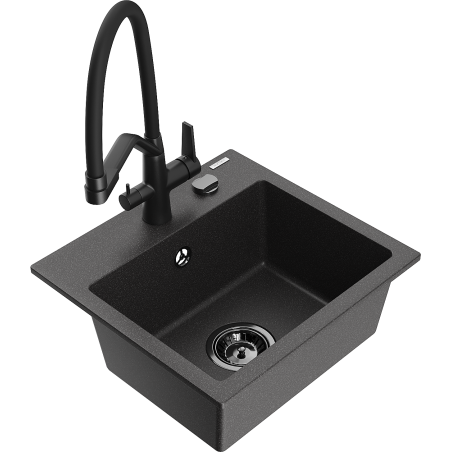 Mexen Milo granitē izlietne ar 1 kameru un virtuves jaucējkrānu Duo, melni punktiņi - 6505-76-671701-70-B