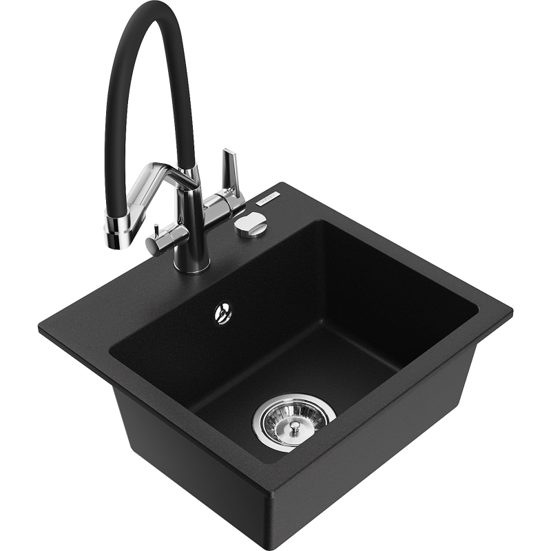 Mexen Milo 1-bowl granite sink with Duo kitchen tap, black - 6505-77-671701-07