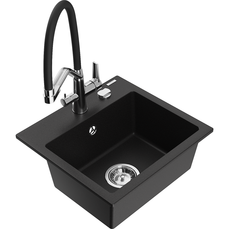 Mexen Milo fregadero de granito de 1 cubeta con grifo de cocina Duo, negro - 6505-77-671701-07