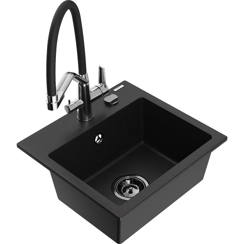 Mexen Milo fregadero de granito de 1 seno con grifo de cocina Duo, negro - 6505-77-671701-07-B