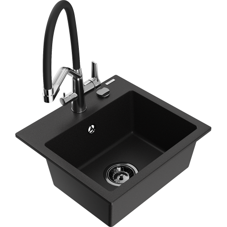 Mexen Milo granite sink 1-bowl with Duo kitchen mixer, black - 6505-77-671701-07-B
