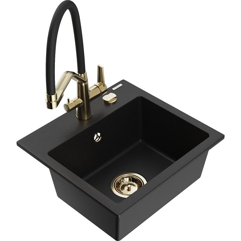 Mexen Milo fregadero de granito de 1 cubeta con grifo de cocina Duo, negro - 6505-77-671701-57-G