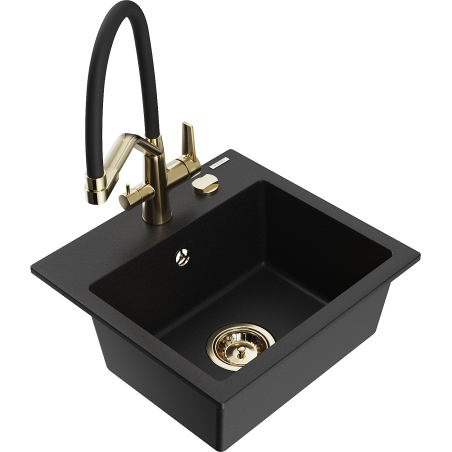 Mexen Milo fregadero de granito de 1 cubeta con grifo de cocina Duo, negro - 6505-77-671701-57-G