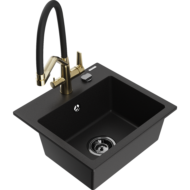 Mexen Milo granite kitchen sink 1-bowl with Duo kitchen tap, black - 6505-77-671701-57-B