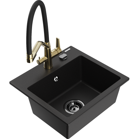 Mexen Milo granite kitchen sink 1-bowl with Duo kitchen tap, black - 6505-77-671701-57-B