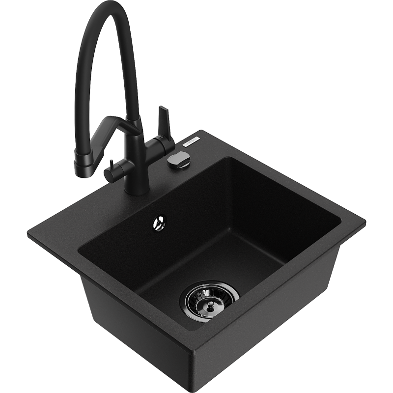 Mexen Milo fregadero de granito de 1 cubeta con grifo de cocina Duo, negro - 6505-77-671701-70-B