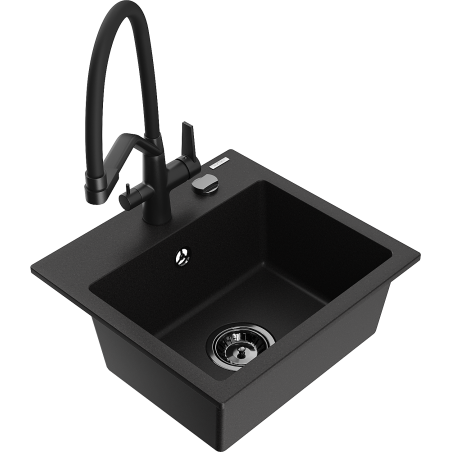 Mexen Milo granite sink 1-bowl with Duo kitchen tap, black - 6505-77-671701-70-B