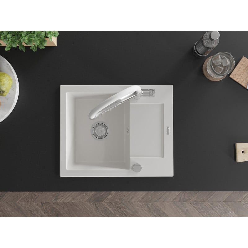 Mexen Enzo fregadero de granito de 1 cámara con escurridor y grifo de cocina Duo, blanco - 6506-20-671701-02