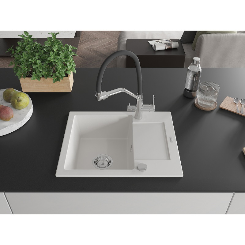 Mexen Enzo fregadero de granito de 1 tazón con escurridor y grifo de cocina Duo, blanco - 6506-20-671701-07