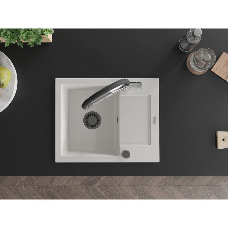 Mexen Enzo Granit-Ëvier mat 1-Komor mat Duuscht a Kichebatterie Duo, wäiss - 6506-20-671701-07-B