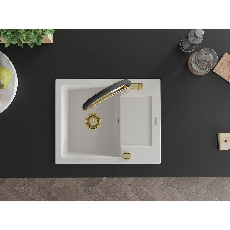 Mexen Enzo fregadero de granito de 1 cubeta con escurridor y grifo de cocina Duo, blanco - 6506-20-671701-57-G