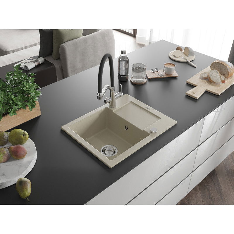 Mexen Enzo lavello da cucina in granito a 1 vasca con gocciolatoio e miscelatore Duo, beige - 6506-69-671701-07