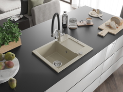 Mexen Enzo lavello da cucina in granito a 1 vasca con gocciolatoio e miscelatore Duo, beige - 6506-69-671701-07