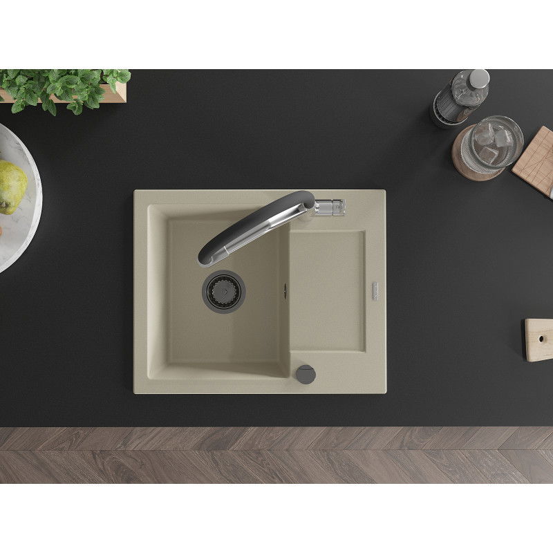 Mexen Enzo single-bowl granite sink with drainer and Duo kitchen tap, beige - 6506-69-671701-07-B
