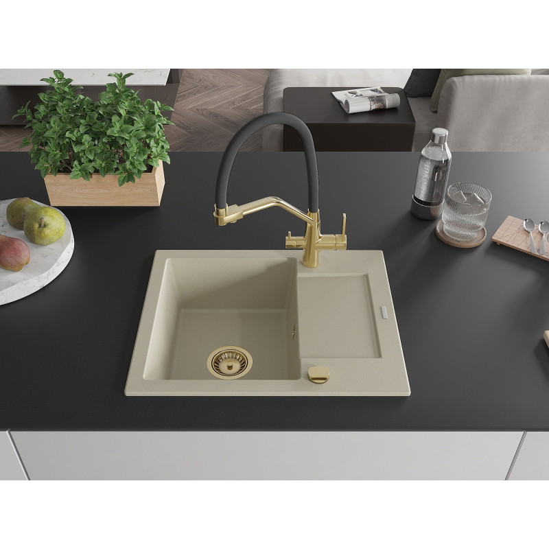 Mexen Enzo granit gootsteen 1-compositie met afdruiprek en keukenkraan Duo, beige - 6506-69-671701-57-G