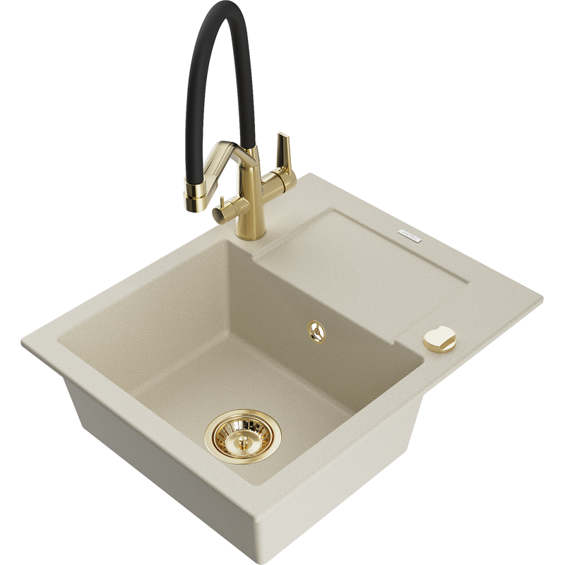 Mexen Enzo fregadero de granito de 1 seno con escurridor y grifo de cocina Duo, beige - 6506-69-671701-57-G