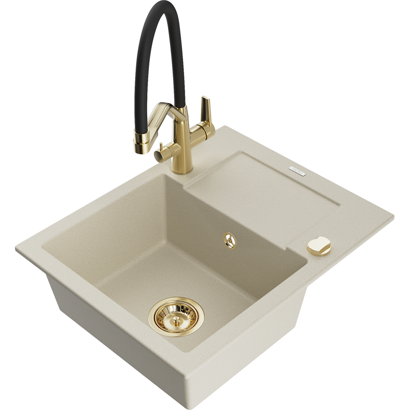 Mexen Enzo lava-loiça de granito de uma bacia com escorredor e torneira de cozinha Duo, bege - 6506-69-671701-57-G