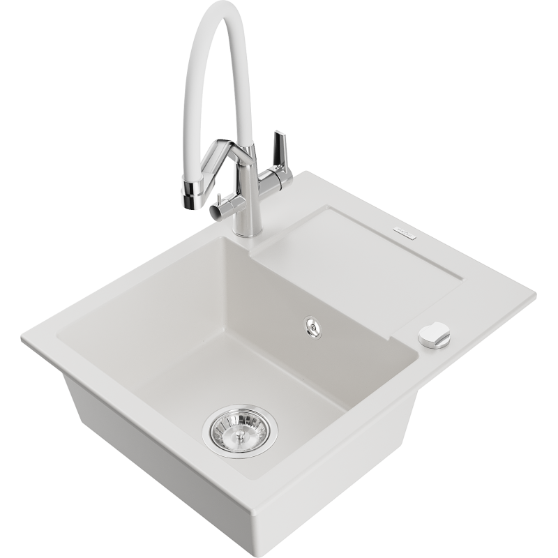 Mexen Enzo fregadero de granito de 1 cámara con escurridor y grifo de cocina Duo, blanco - 6506-20-671701-02