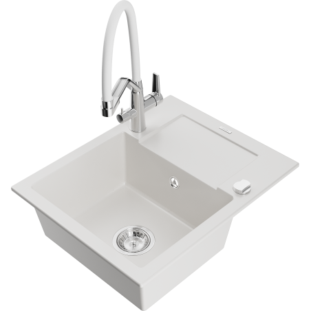 Mexen Enzo 1-bowl granite sink with drainer and Duo kitchen tap, white - 6506-20-671701-02