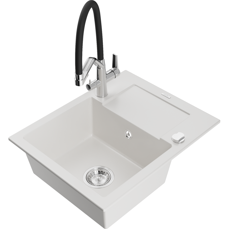Mexen Enzo 1-bowl granite sink with drainer and Duo kitchen tap, white - 6506-20-671701-07