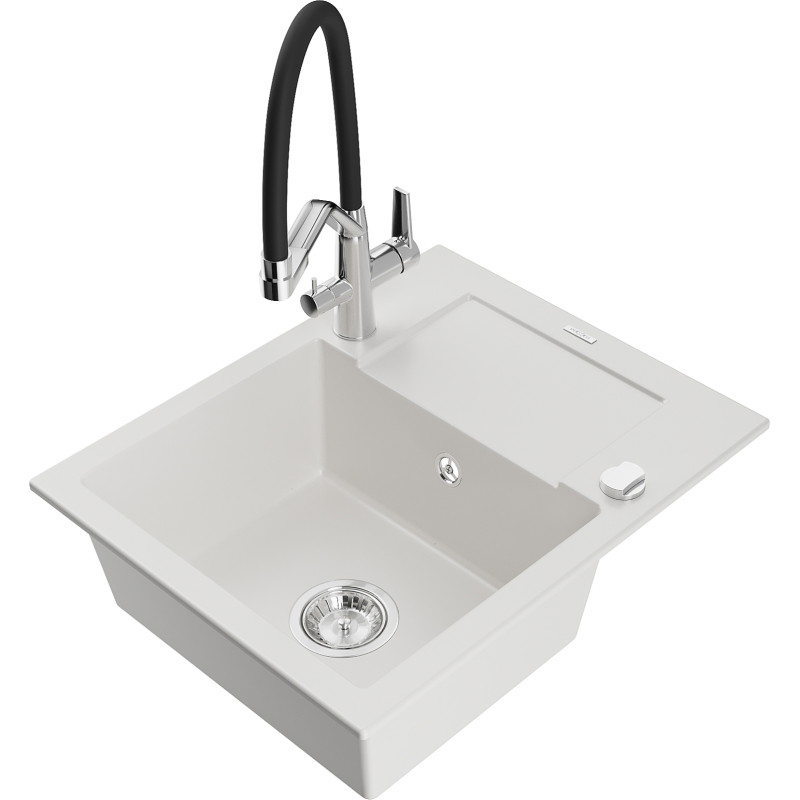 Mexen Enzo fregadero de granito de 1 seno con escurridor y grifo de cocina Duo, blanco - 6506-20-671701-07