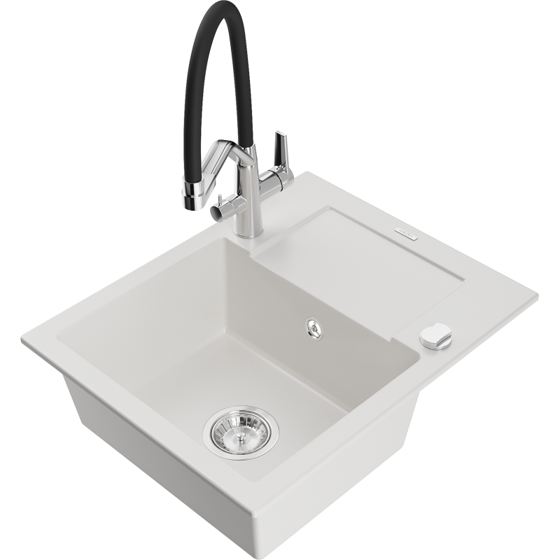 Mexen Enzo fregadero de granito de 1 tina con escurridor y grifo de cocina Duo, blanco - 6506-20-671701-07