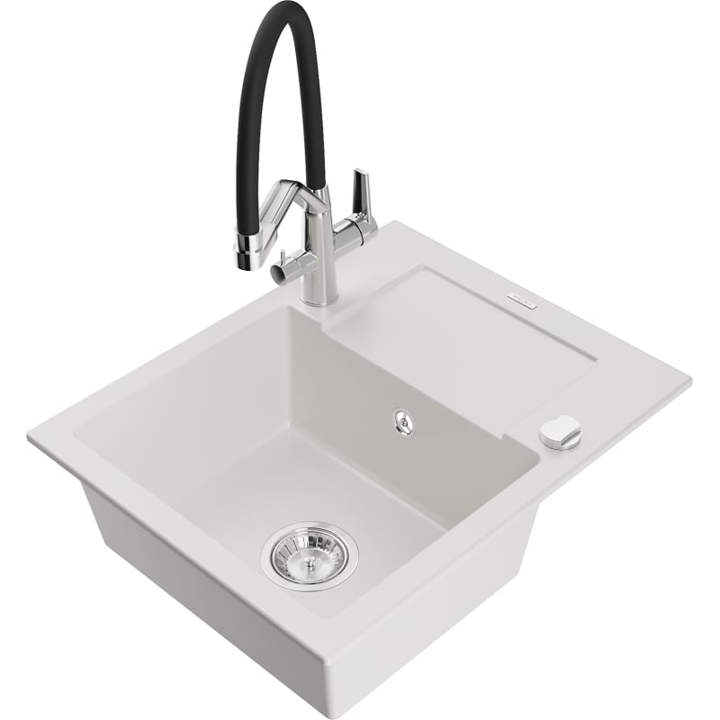 Mexen Enzo granite kitchen sink 1-bowl with drainer and Duo kitchen faucet, white - 6506-20-671701-07