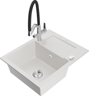 Mexen Enzo 1-bowl granite sink with drainer and Duo kitchen tap, white - 6506-20-671701-07