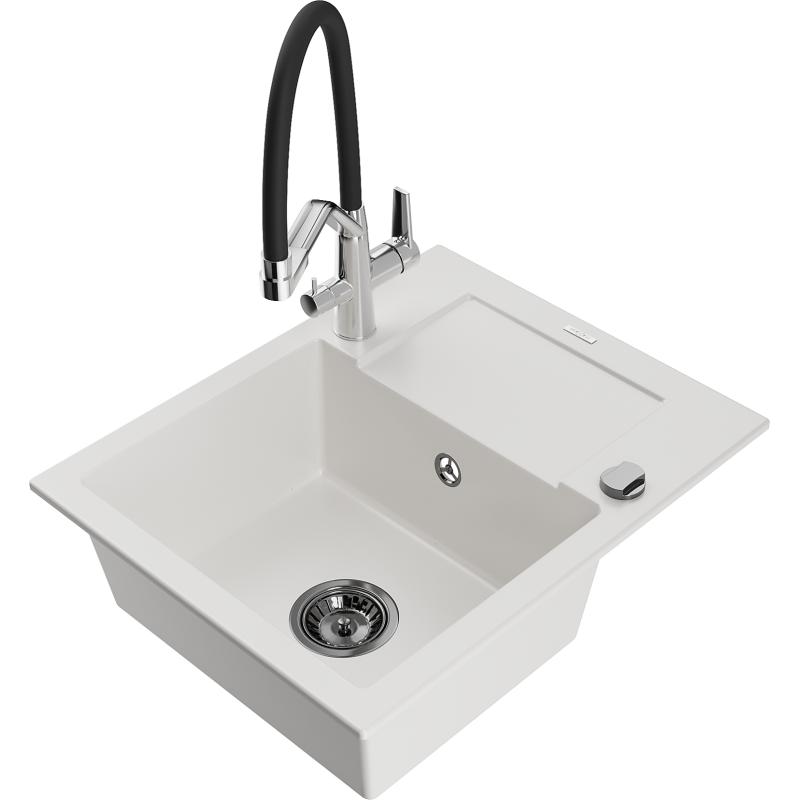 Mexen Enzo 1-bowl granite kitchen sink with drainer and Duo kitchen tap, white - 6506-20-671701-07-B