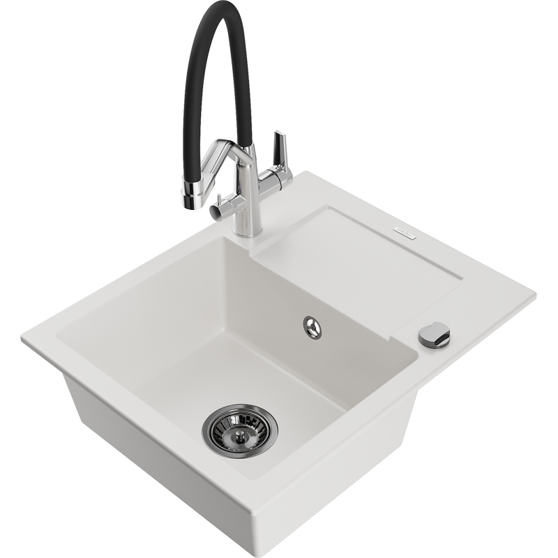 Mexen Enzo lava-louça de granito 1-cuba com escorredor e torneira de cozinha Duo, branco - 6506-20-671701-07-B