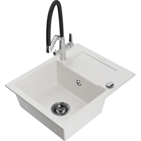 Mexen Enzo fregadero de granito 1-cámara con escurridor y grifo de cocina Duo, blanco - 6506-20-671701-07-B