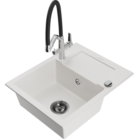 Mexen Enzo granitno korito z eno posodo z odcejalnikom in kuhinjsko pipo Duo, bela - 6506-20-671701-07-B