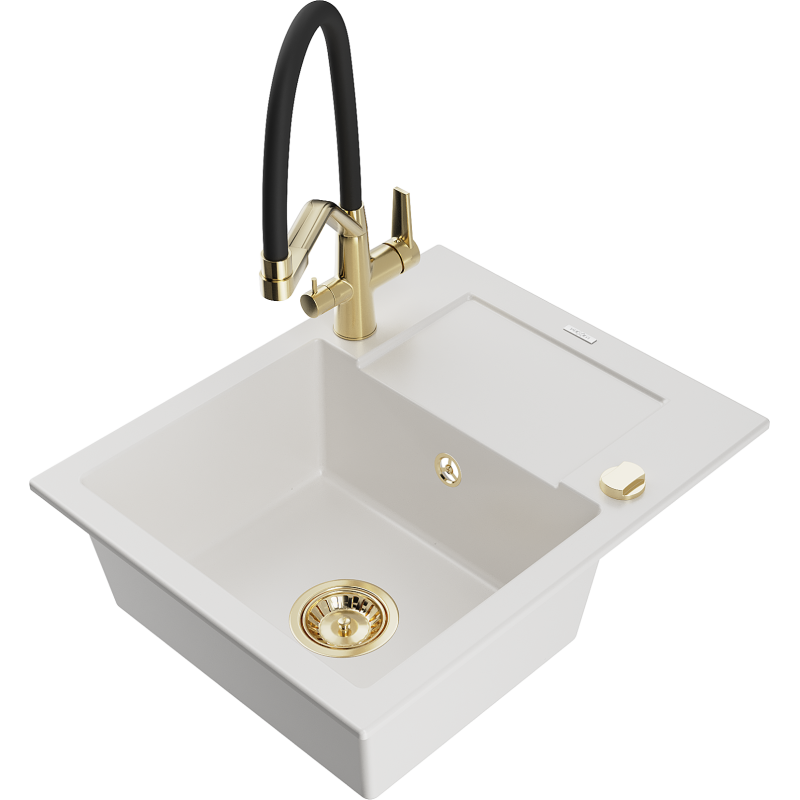 Mexen Enzo fregadero de granito de 1 cubeta con escurridor y grifo de cocina Duo, blanco - 6506-20-671701-57-G