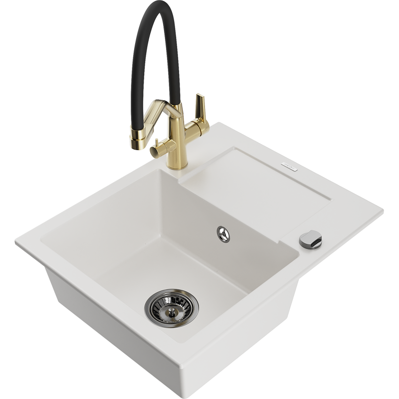 Mexen Enzo fregadero de granito 1-cámara con escurridor y grifo de cocina Duo, blanco - 6506-20-671701-57-B