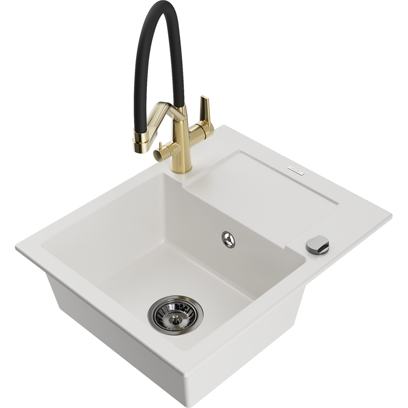 Mexen Enzo lava-loiça de granito 1-cuba com escorredor e torneira de cozinha Duo, branco - 6506-20-671701-57-B