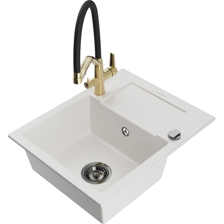 Mexen Enzo granite sink 1-bowl with drainer and Duo kitchen tap, white - 6506-20-671701-57-B