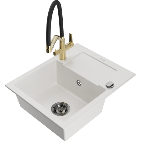 Mexen Enzo Granitspüle 1-Becken mit Abtropffläche und Küchenarmatur Duo, Weiß - 6506-20-671701-57-B