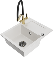 Mexen Enzo granite sink 1-bowl with drainer and Duo kitchen tap, white - 6506-20-671701-57-B